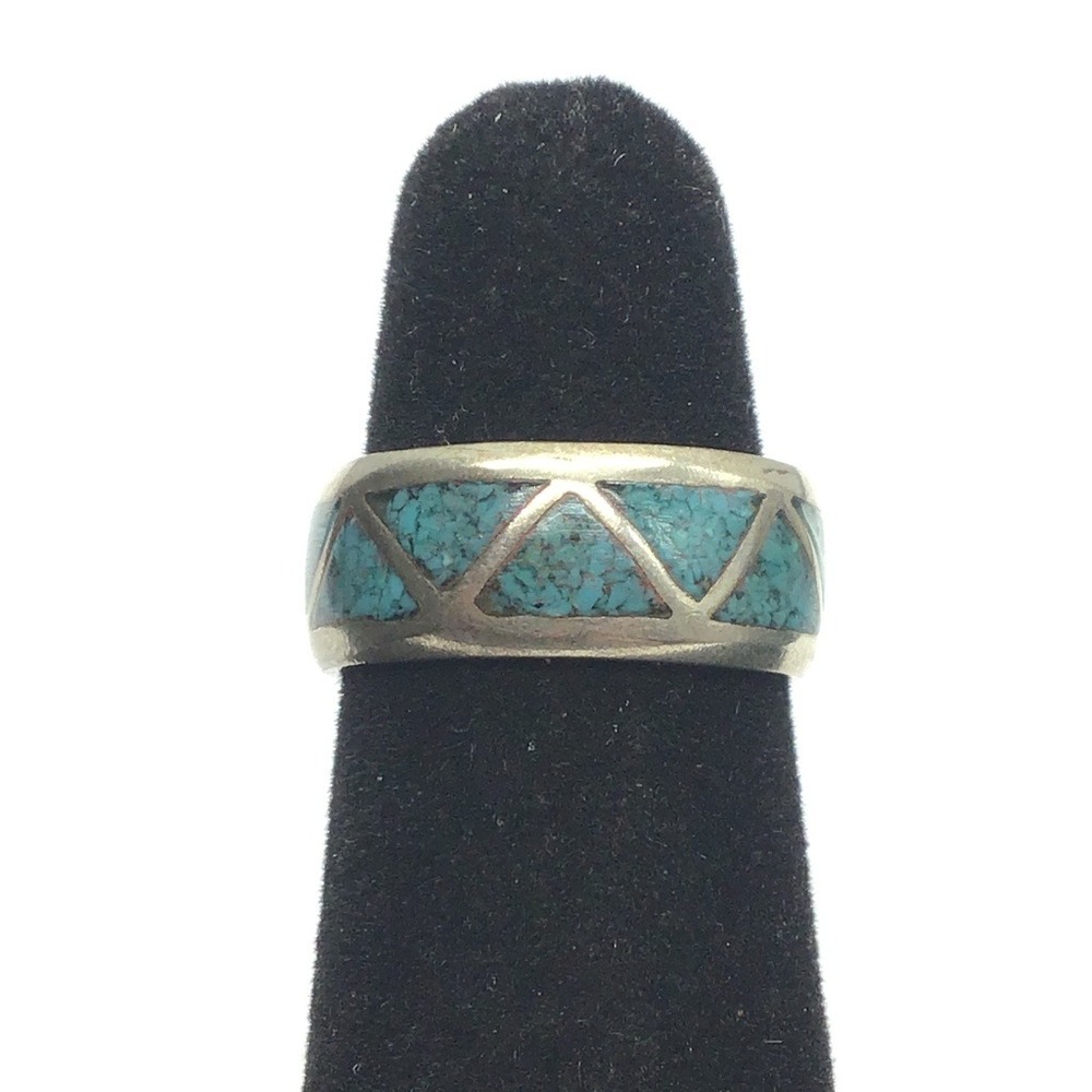 Artisan Handmade Sterling Silver Crushed Turquoise Inlay Ring Size 6.5